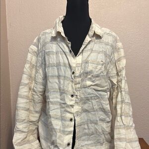 Cream and Blue Lightweight Shirt Jacket with Subtle Stripes